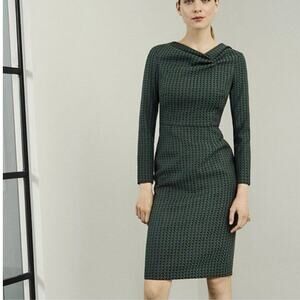 The Fold London Sheath Shift Green Tweed Pleated Neckline Dress Sz 12